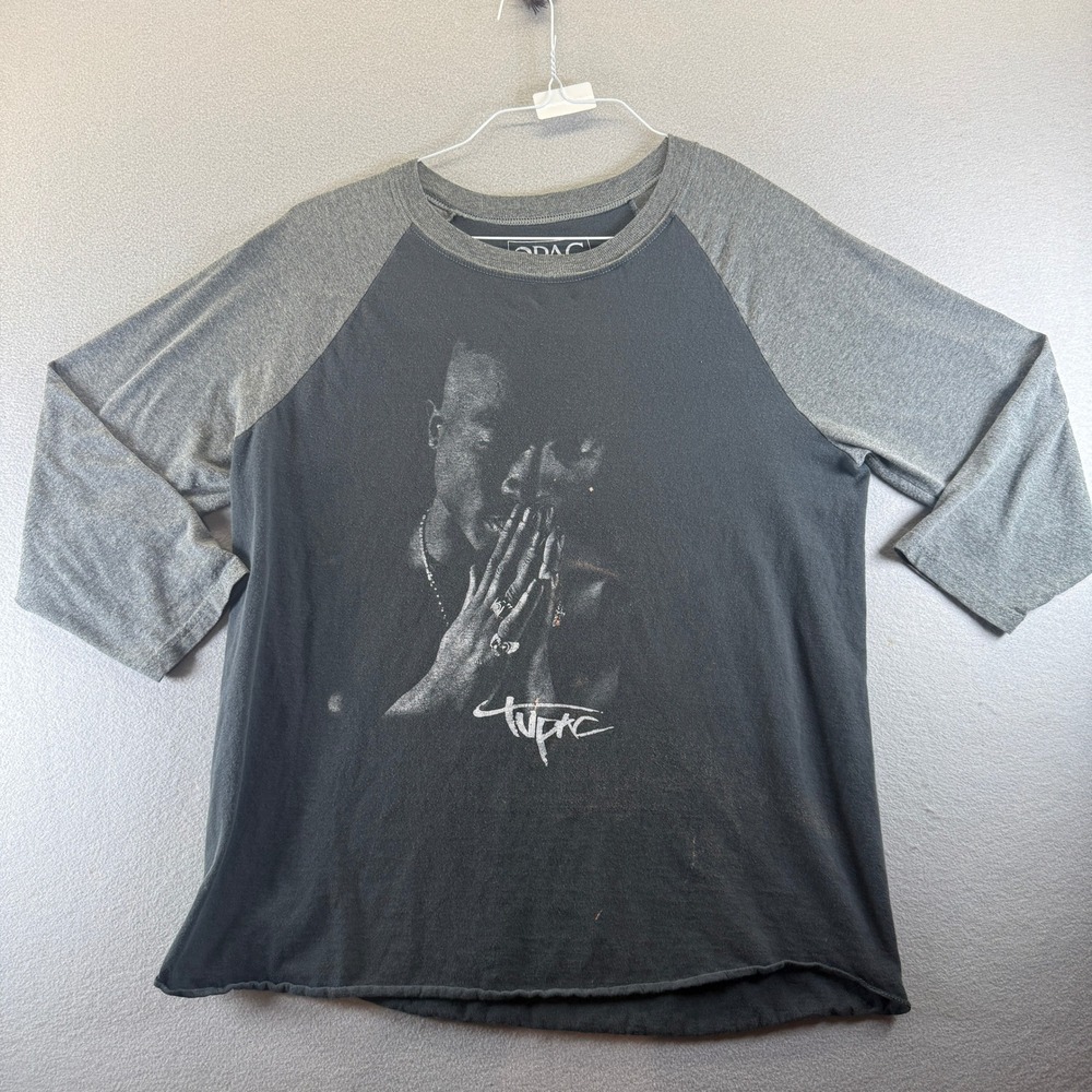 2Pac Tupac Shakur Graphic Baseball Tee Grey Black 3/4 Sleeve Shirt Large